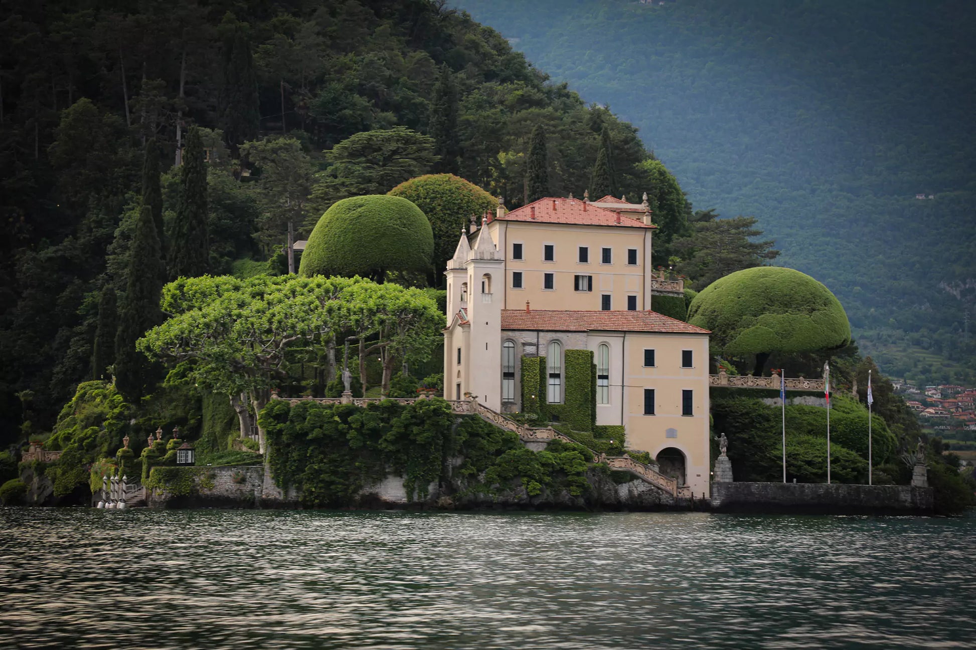 Drone view of Villa del Balbianello during a luxury wedding on Lake Como